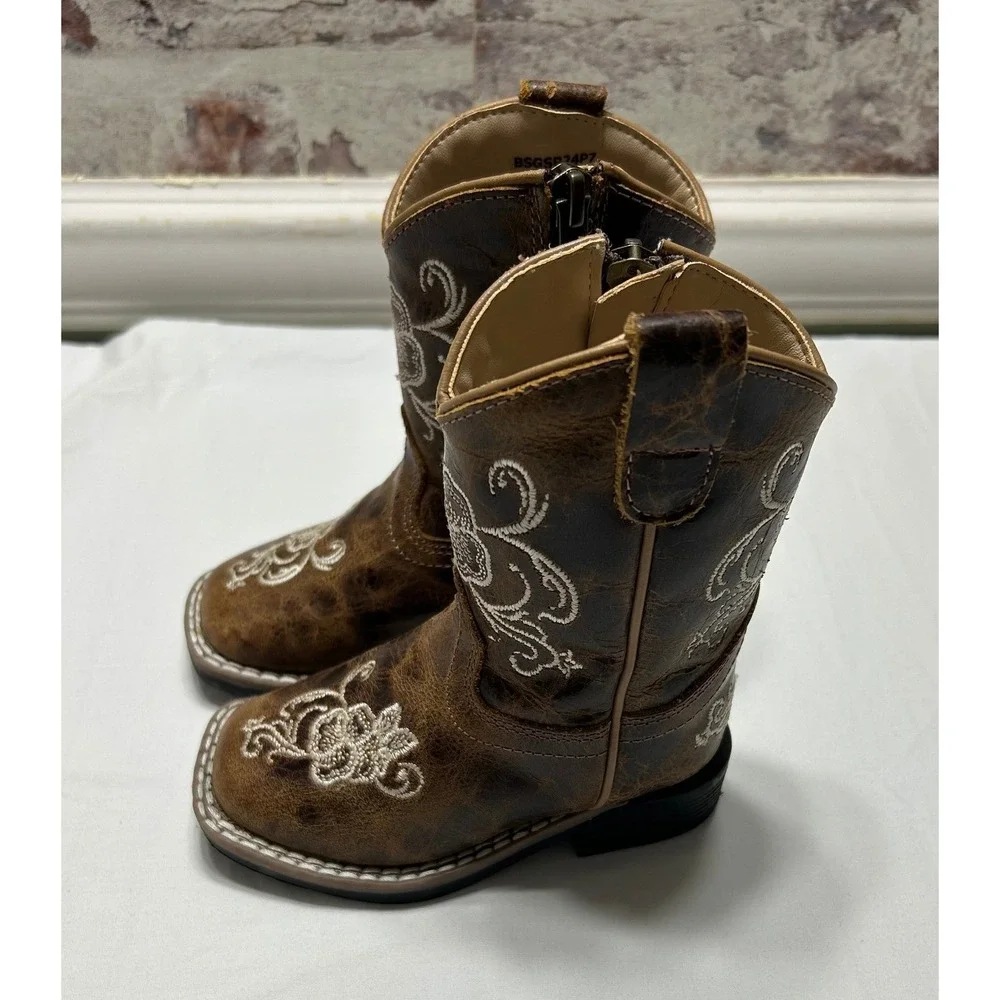 Girls Brown Leather Floral Embroidered Western Cowboy Boots BSGSP24P7 Size 5.0 D